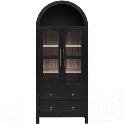 Tall Arched Kitchen Pantry Cabinet with 2 Large Drawers, Modern Farmhouse Kitchen Storage Cabinets with Adjustable Shelves, Glass Door, Wood Versatile Cupboard for Kitchens, Dining Room