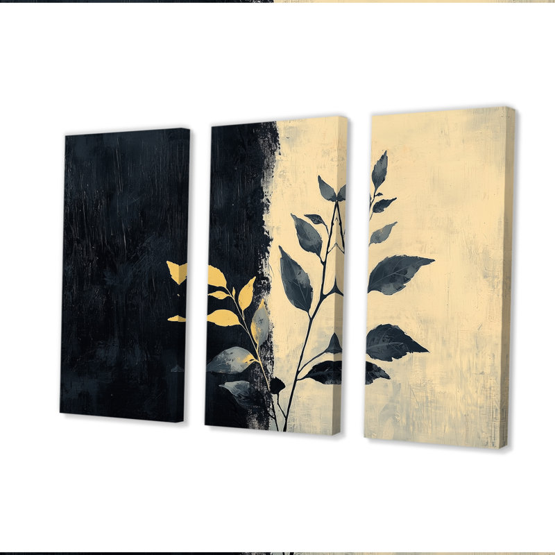 Black and Beige Herbs Elegance - Ensemble de décorations murales Herbes florales, H 28 po x l 36 po x P 1 po, Toile tendue