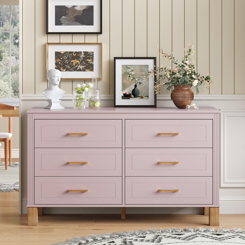 Commode double avec poignées en métal et pieds en bois massif, Rose