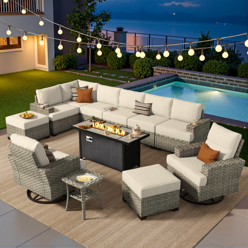 Tommy Wicker 10-Person Modular Outdoor Sectional Seating Group With Swivel Chairs And Cushions, Patio Conversation Set With Fire Pit Table