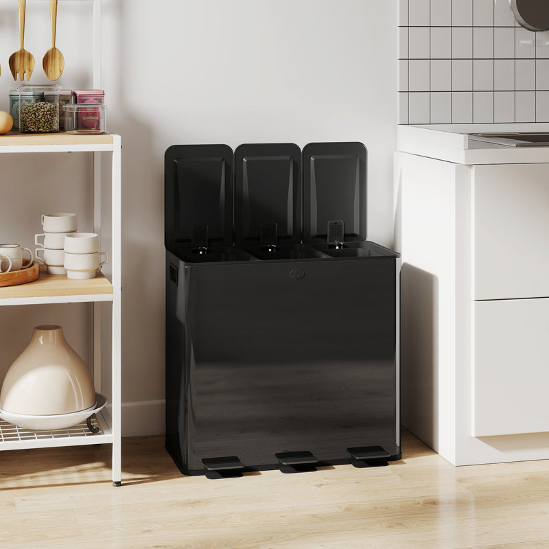 Triple poubelle, 3 poubelles de 20 L avec couvercle à fermeture douce, Noir, noir, noir, noir
