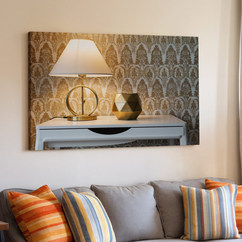 Toile, une élégante scène intérieure avec une table blanche moderne et un art mural, H 9 po x l 12 po