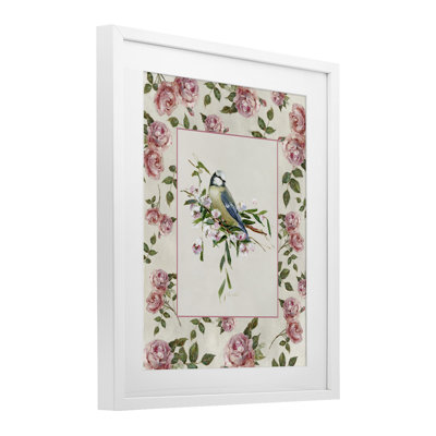 Reproduction sous verre encadrée de roses délicates et d'oiseaux perchés, conception de Sally Swatland