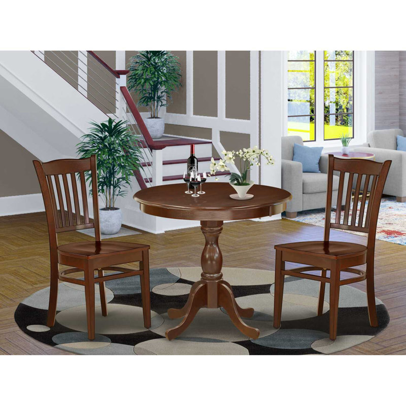 3 Piece Dining Room Table Set Contains a Round Kitchen Table with Pedestal and 2 Dining Chairs, Mahogany, Mahogany