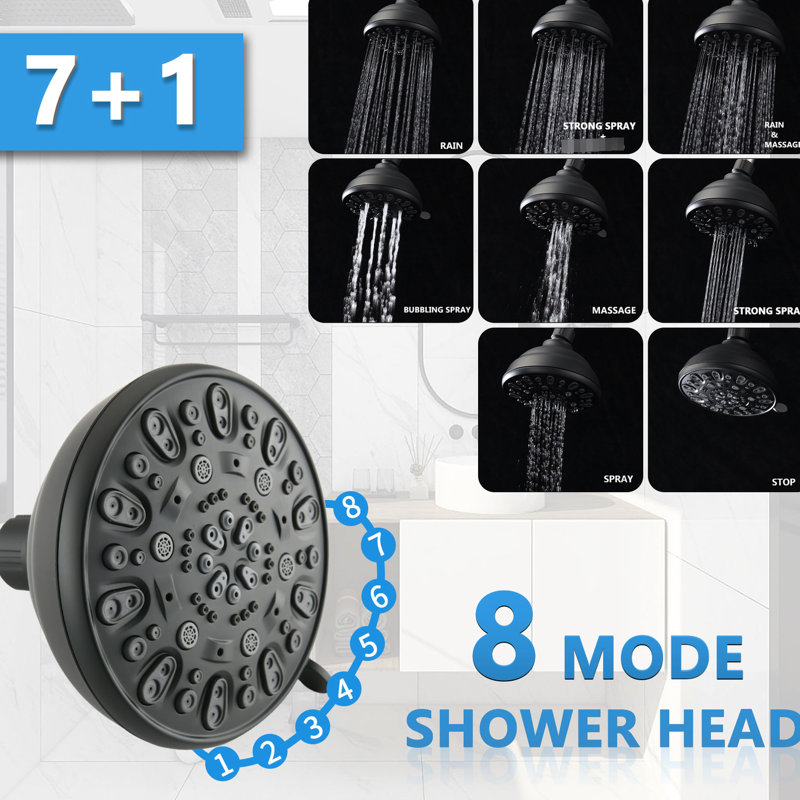 Douche à effet pluie de 5 pouces et 7 jets, barre coulissante réglable de 26 po, débit double 1,8 GPM, installation approuvée, finition noire, 7 modes de pulvérisation en acier inoxydable pour une pomme de douche chaude et motifs