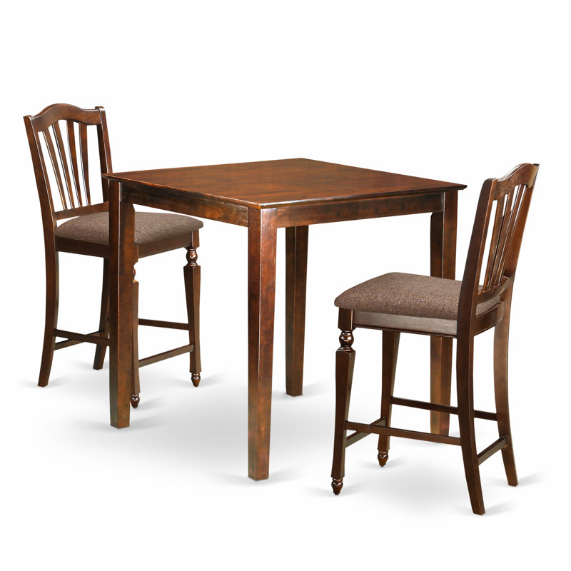 3 Piece Kitchen Counter Height Dining Table Set Contains a Square Pub Table and 2 Linen Fabric Chairs, Mahogany