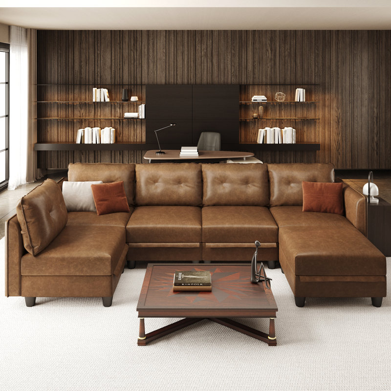 Modular Sectional Sofa With Storage, Modern Brown Faux Leather, Reversible Chaise, U Shaped Couch For Living Room, Waterproof & Easy Clean, 5 Seats With Ottoman
