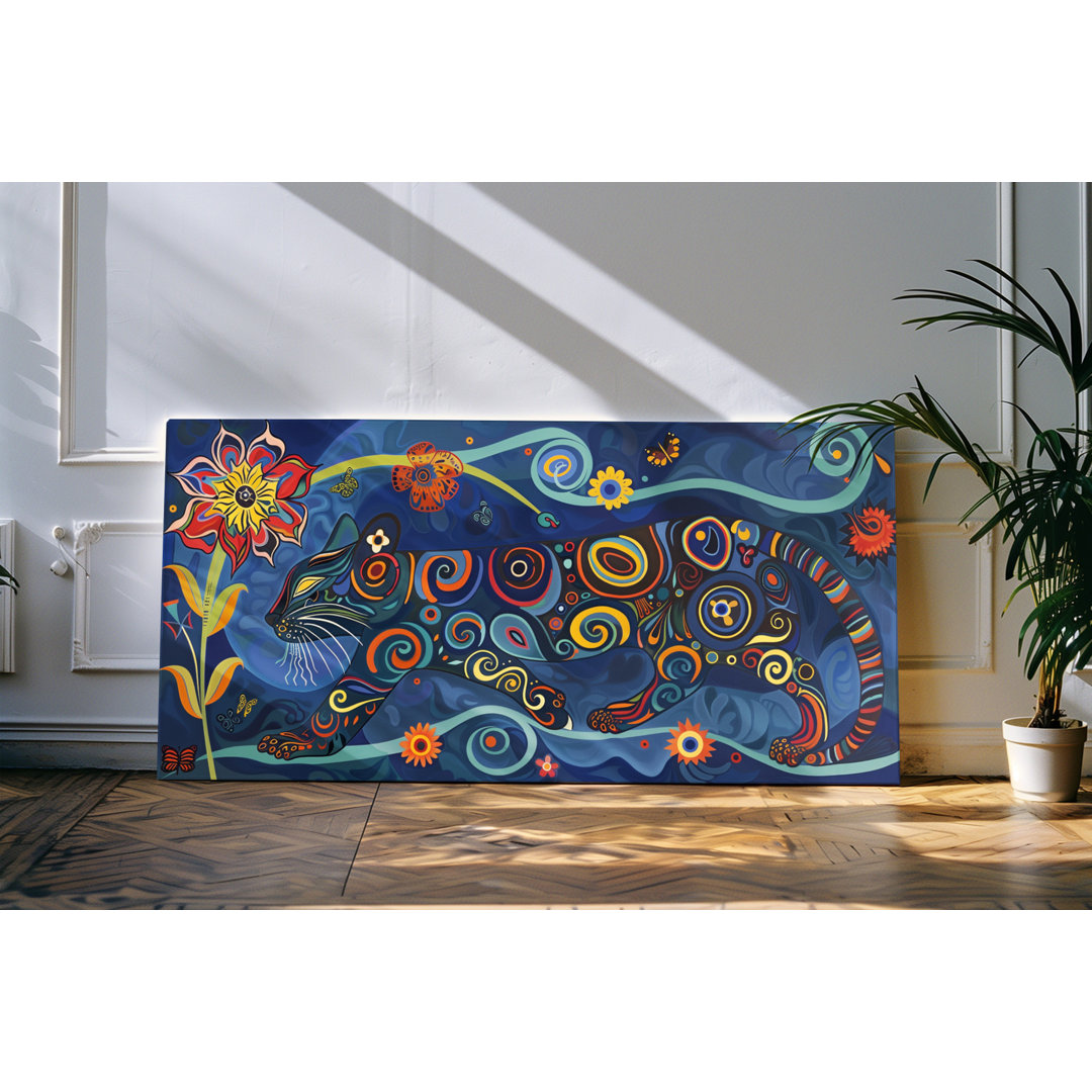 Wandbild 120x60cm Schwarze Katze Kunstwerk Blumen Muster Farbenfroh