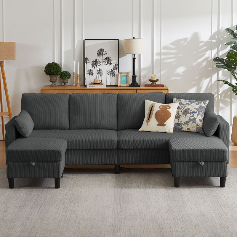 100.79" Corduroy Large U Shaped Sofa With 2 Storage Ottomans, Dark Gray Corduroy