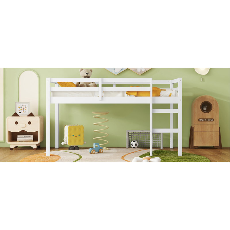 Twin Loft Bed With , White Rubber Wood, Low Height Design For Easy Access And , Strengthened Slats Platform Bed, Constructed From Ample Under Space Organization, Firmly Secured