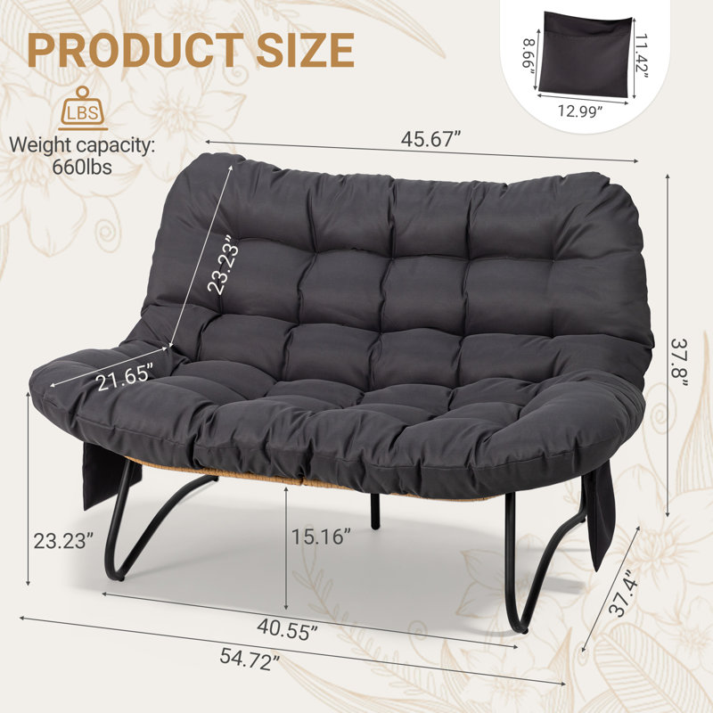 Oversized Double-Person Papasan Loveseat With Side Pockets, Gray