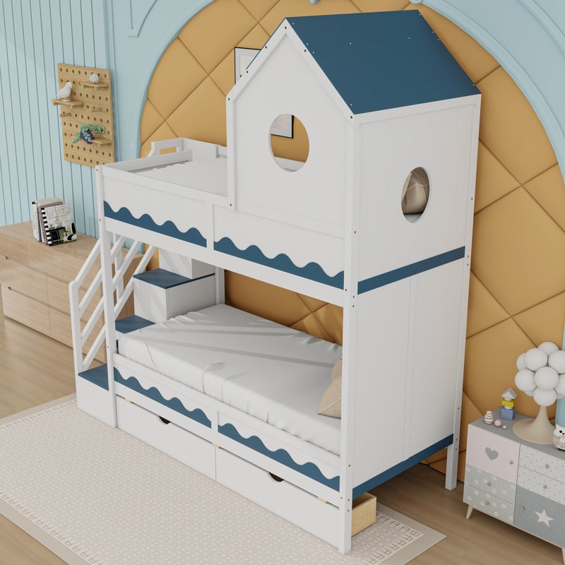 Lit simple au-dessus de simple en bois avec lumière DEL, 2 tiroirs et tablettes, Blanc