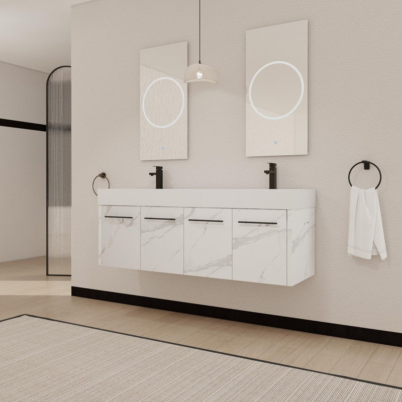 Meuble-lavabo mural avec lavabo, double rebord en résine épaisse, Blanc, Blanc