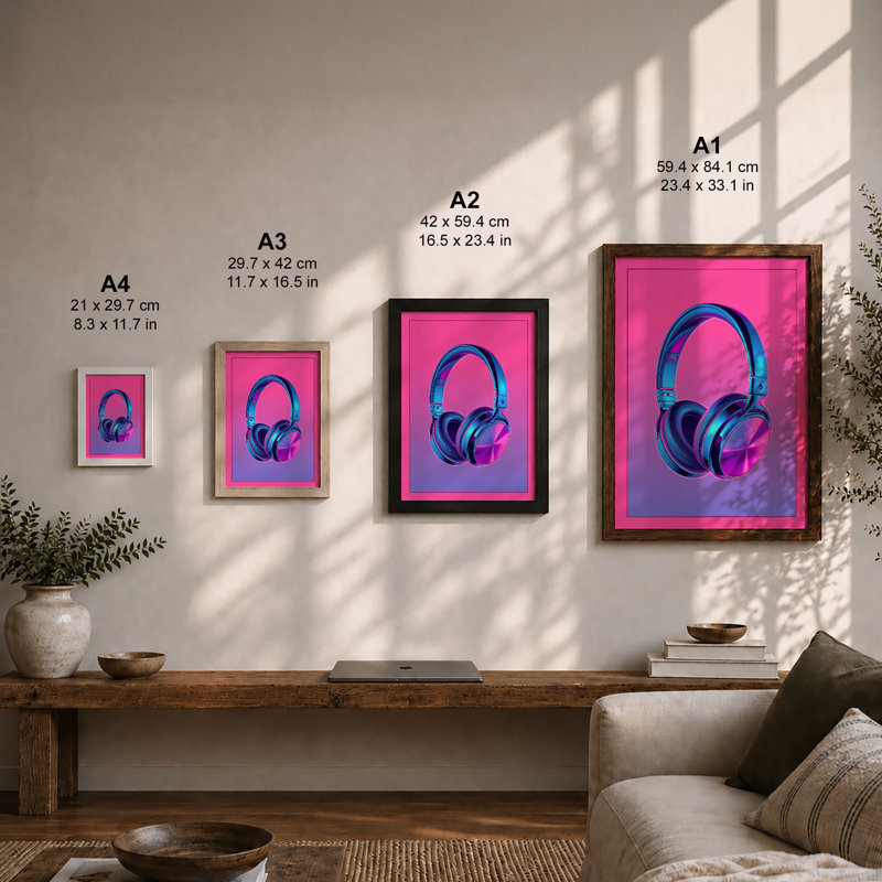 Neon Headphones Modern - Framed Print, Oak, A3 - 42.0 x 29.7 cm