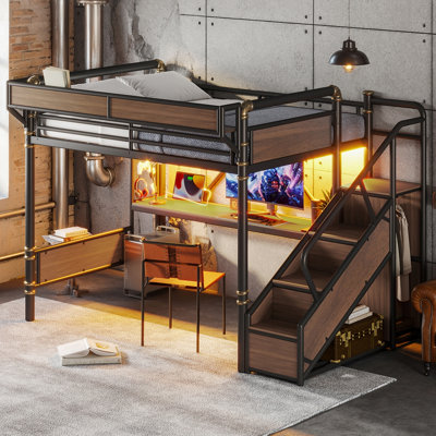 Lit mezzanine simple en métal de taille XL avec bureau intégré et prise de courant, bande DEL, cadre de lit mezzanine en métal avec panneaux perforés et panneaux de rangement en filet, escalier de rangement avec garde-robe, blanc