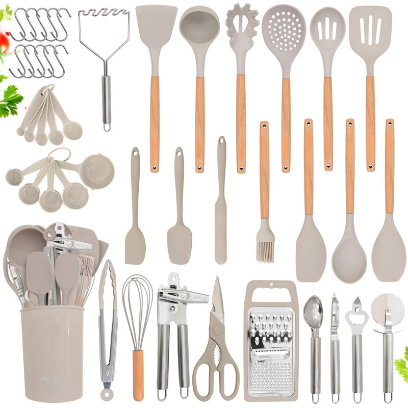 ColorLife 44 Pcs Silicone Kitchen Utensils Set, Non-Stick Silicone Cooking Utensils Set With Spatula, Wooden Handle Spatula, Silicone Kitchen Gadgets Utensil Set (44 Pcs - Stone)