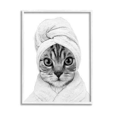 Funny Cat In Bathrobe Portrait White Framed Giclee Art by Annalisa Latella