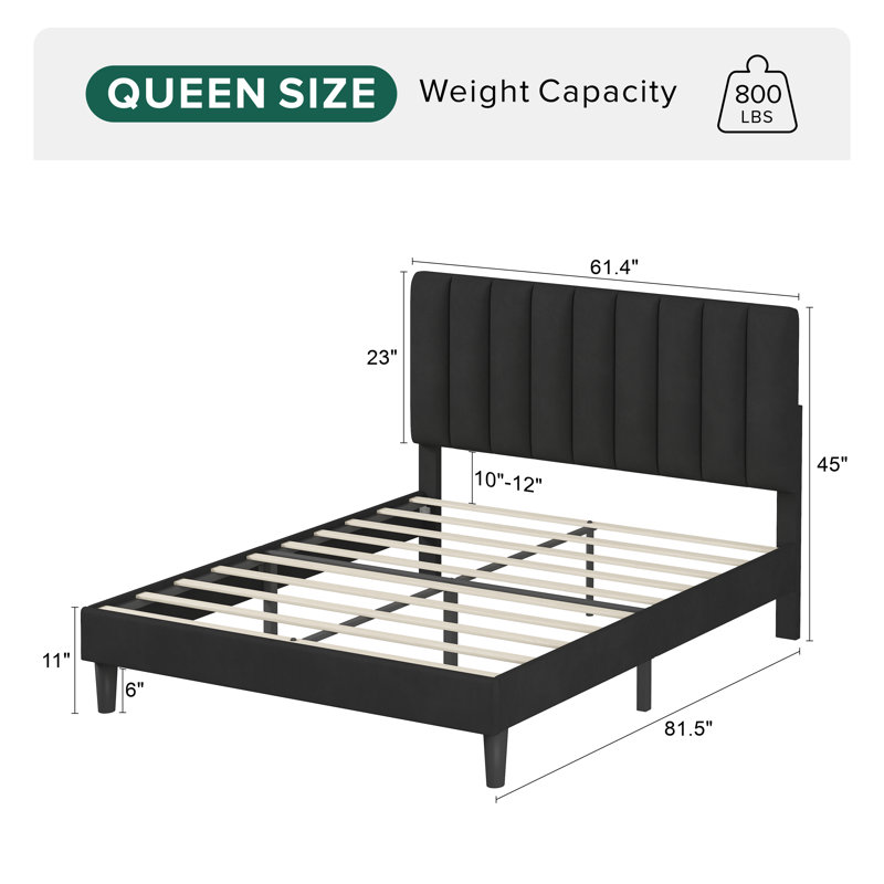 Jerrine Velvet Upholstered Platform Bed, Black, Queen
