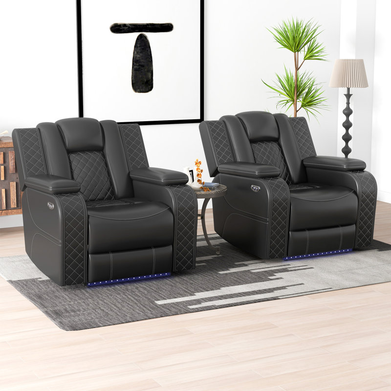 Davarious 37.8" Wide Modern Multifunctional Vegan Leather Dual Motor Power Recliner with Cup Holder (Set of 2), Black