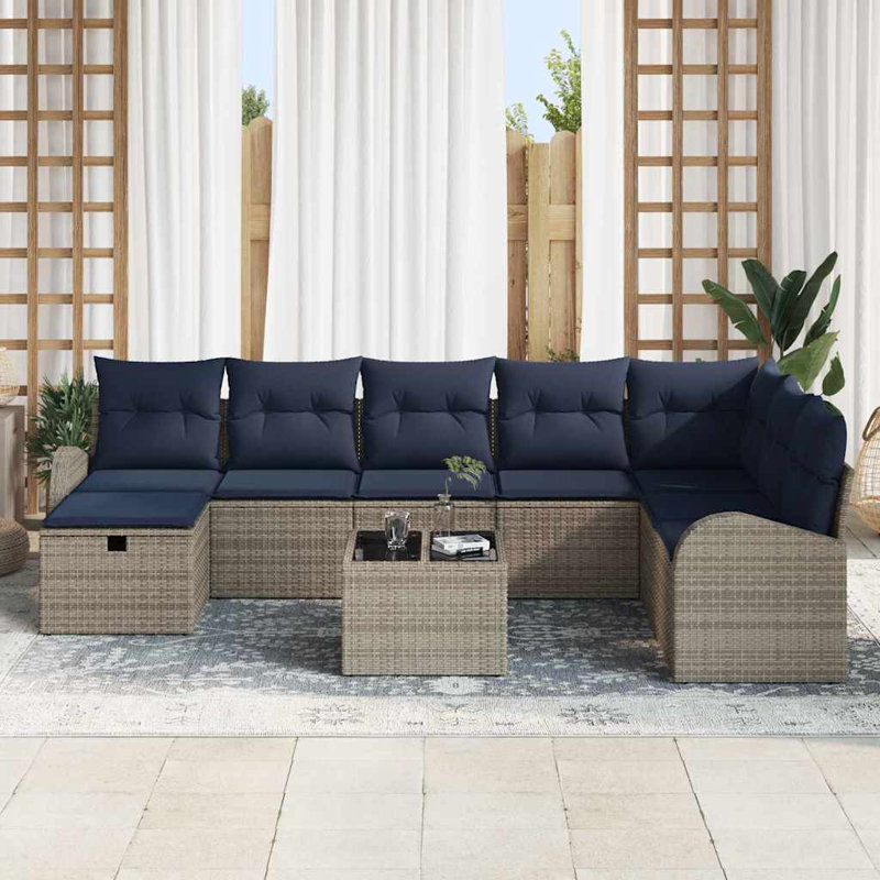 vidaXL Sofa Set with Cushion Manual 9 pcs Grey and Navy Poly Rattan