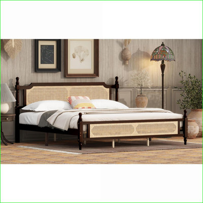 Lit plateforme très grand en bois de pin avec tête / pied de lit en rotin, aucun sommier nécessaire, espresso pour la chambre principale