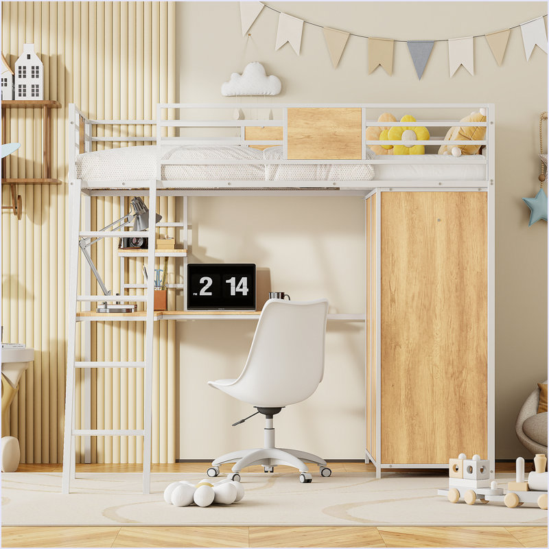 Lit mezzanine Win avec bureau en L et garde-robe, Blanc