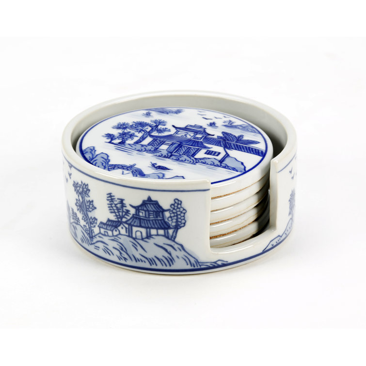 Spode Blue Italian 4 Piece Ceramic Coasters with Holder