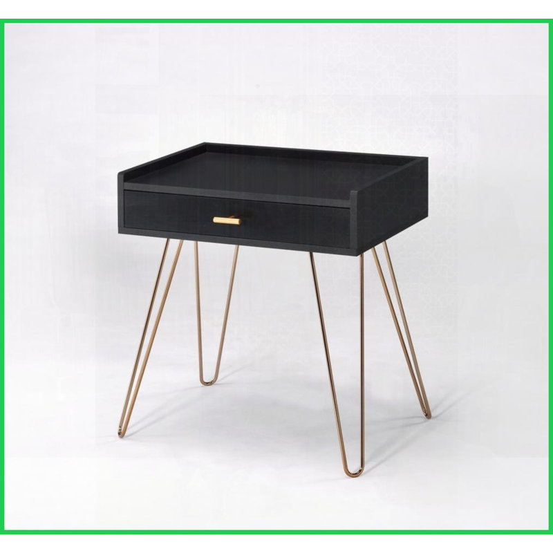 Table basse Mid-Century en bois aggloméré noir mat avec pieds en épingle à cheveux en cuivre - tiroir de rangement et amp; Facile à nettoyer