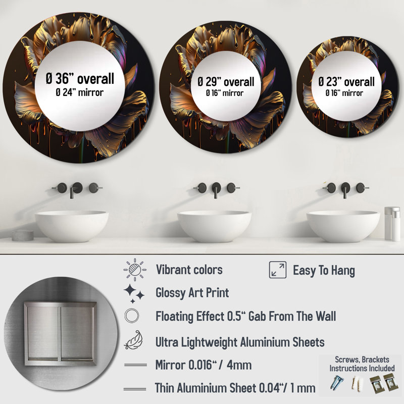 Paelyn Rainbow Peony Liquid Gold I - Peonies Decorative Mirror, Modern Round Wall Mirror, Printed Metal Art, 23" x 23"
