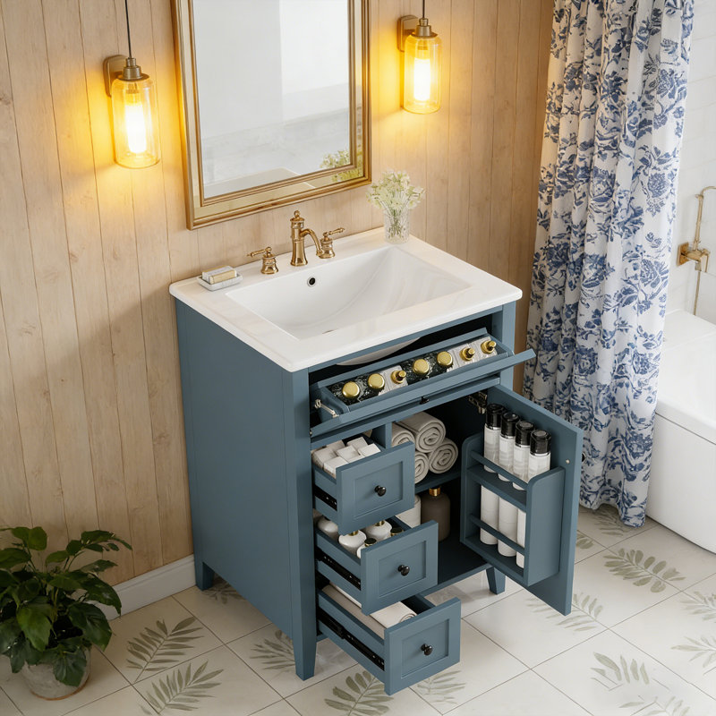Meuble-lavabo de salle de bain avec lavabo, panneau de fibres à densité moyenne et bois d'hévéa, 3 tiroirs et armoire avec tablettes réglables, conception moderne