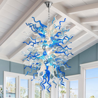 Blue Large Luxury Hand Blown Glass Chandelier with Bulbs