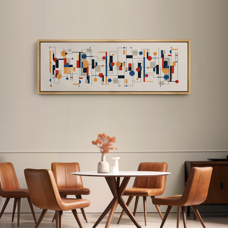 Abstrait mécanique symphonique, formes et lignes géométriques encadrées sur toile, H 20 po x l 60 po, Naturel