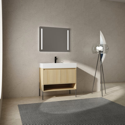 Meuble-lavabo en chêne 36 po avec lavabo simple en résine et armoire polyvalente - 36 à la mode