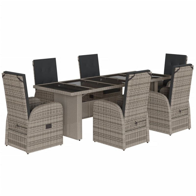  Ensemble repas 7 pièces pour patio avec coussins en rotin de polyester gris