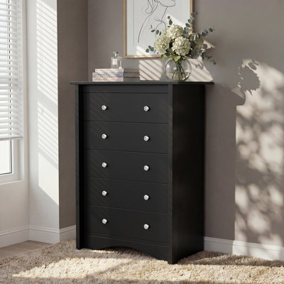 Black 5 Drawer Tall Dresser, Vertical Wood Chest of Drawers with Smooth Slide Drawers & Anti-Tip Kit, Bedroom Clothing Storage Organizer