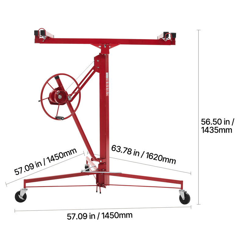 Élévateur de cloison sèche de 11 pi, palan à feuille robuste 150 lb avec bras télescopique réglable, roues verrouillables, outils de levage de panneau de levage de cloison sèche idéal pour l'installation au plafond et au mur (rouge)