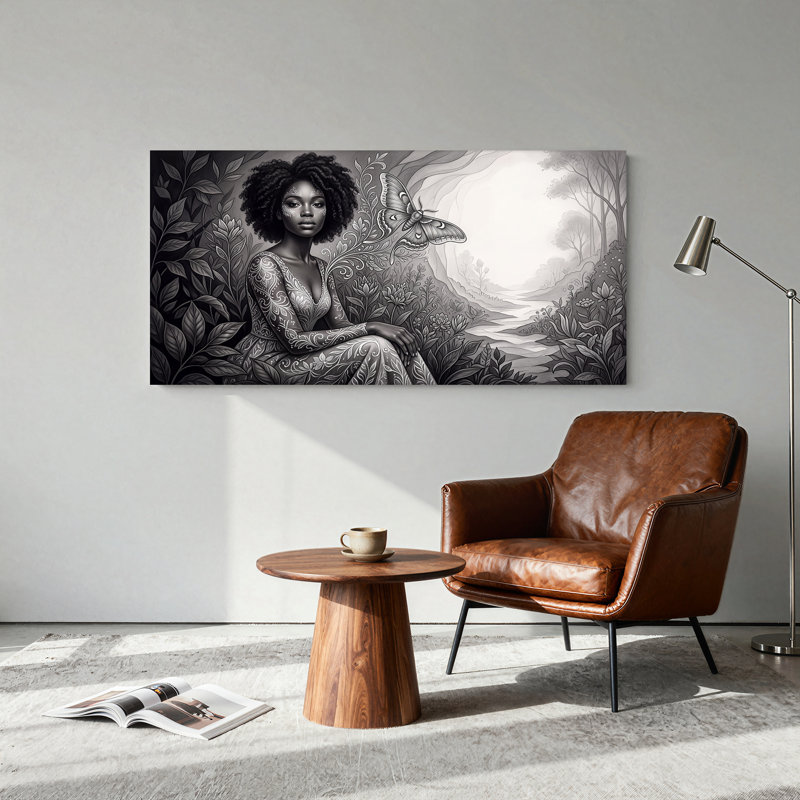 «Woman with Floral», art mural sur toile Forêt noire et blanche, L 20 po x H 10 po