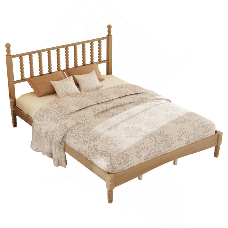 Lit plateforme grand en bois avec tête de lit gourde, support en lattes de bois de style rétro, finition naturelle, Naturel