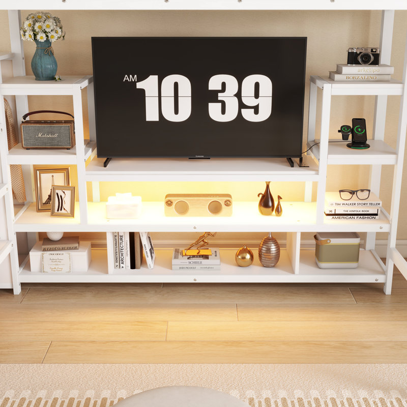Lit mezzanine double en métal avec meuble télé et rangement Mielo, Blanc