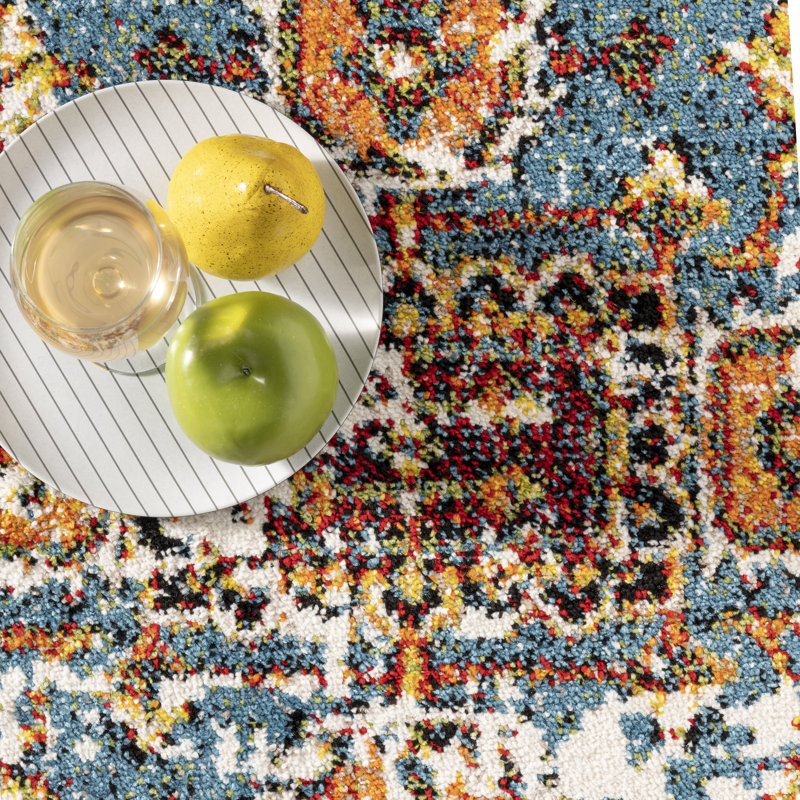Tapis intérieur / extérieur rouge / jaune / bleu Maskell, Rond 5 pi