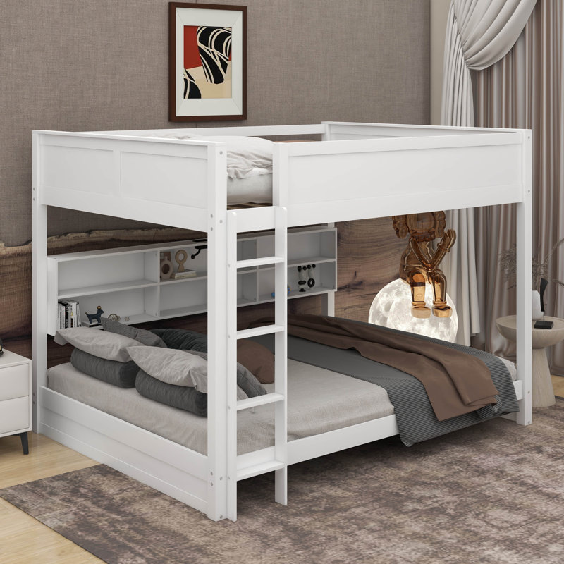 Queen Over Queen Bunk Bed With Cabinets And USB Ports, White