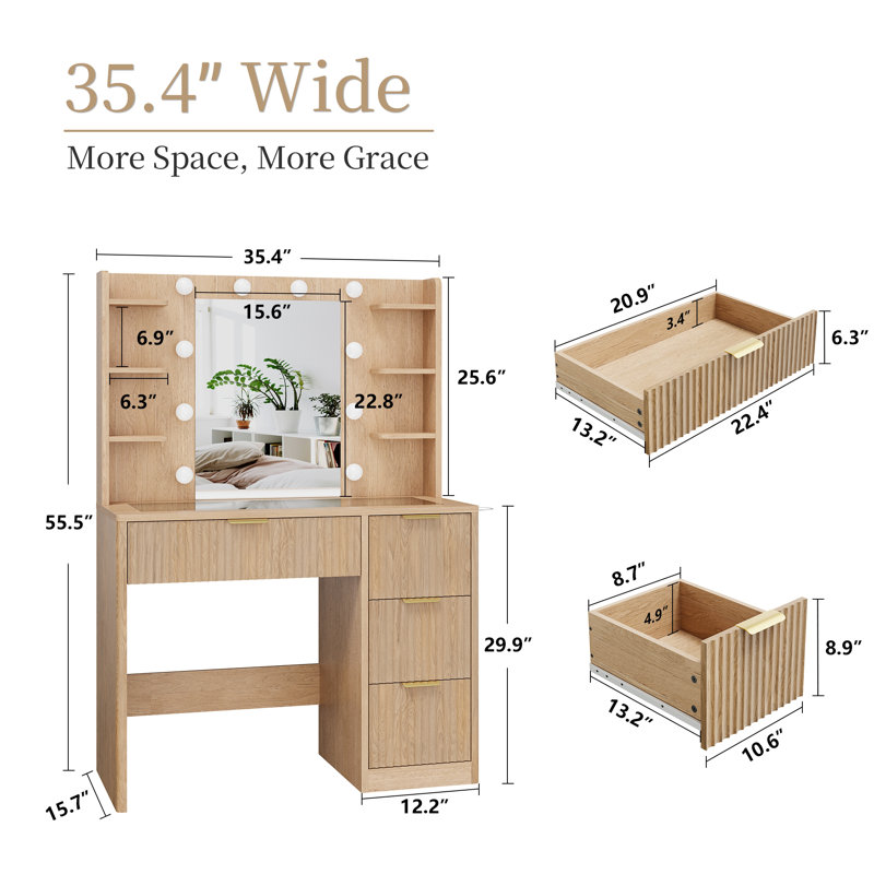35.4″ Fluted Vanity Desk with Mirror and Adjustable LED Lights，Large 4-Drawer Makeup Dressing Table with Glass Top & Charging Hub for Bedroom, Natural Oak