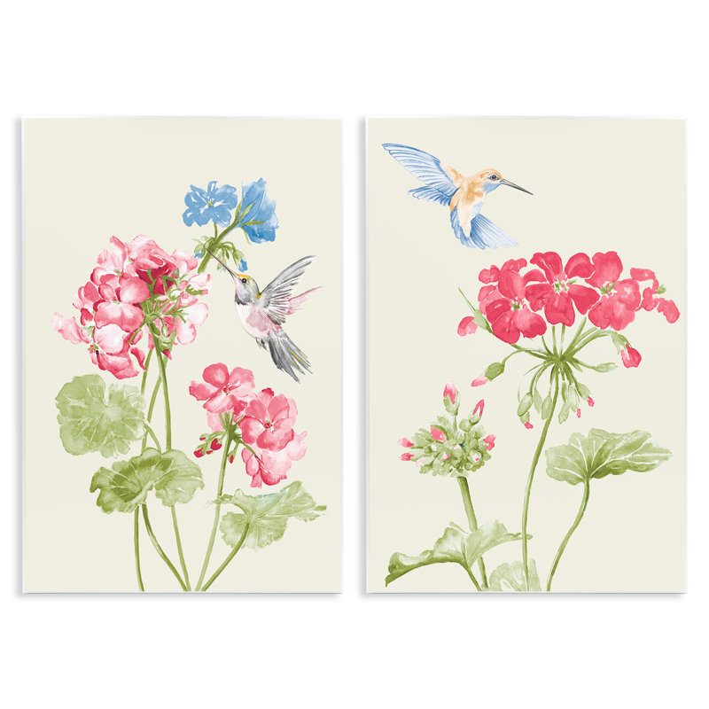 «Pink Geranium Hummingbirds», ensemble de 2 plaques murales par Patricia Pinto, H 19 po x l 13 po
