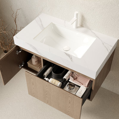 Meuble-lavabo de salle de bain 36 po MURI, armoire de rangement en contreplaqué flottant avec tiroir et porte, plateau en pierre frittée blanc de Carrare et lavabo en céramique avec 1 trou de robinet pré-percé, pré-assemblé, grain de bois Heidelberg