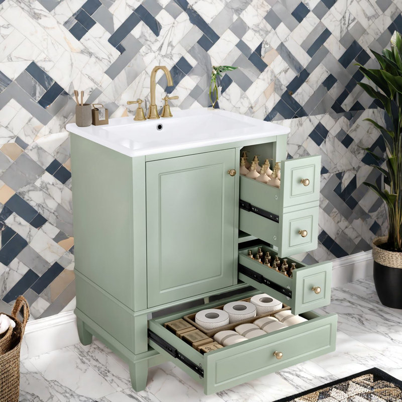 Meuble-lavabo compact moderne avec lavabo, panneau de fibres à densité moyenne vert et armoire en bois massif pour les petites salles de bain