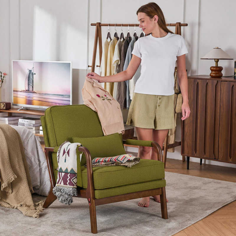 Chaise d'appoint rembourrée en bois massif avec coussin et sac de rangement Mid Century, Lin vert