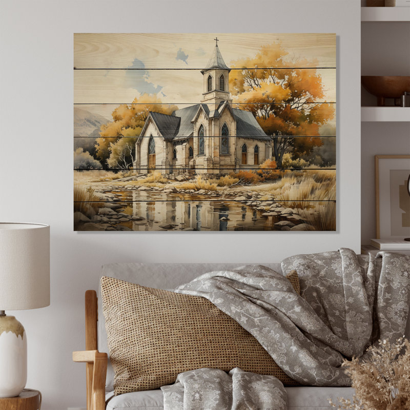 Sezer Lansdcape Church Tranquil Abode III sur impression sur bois, H 10 po x l 20 po x P 0,78 po