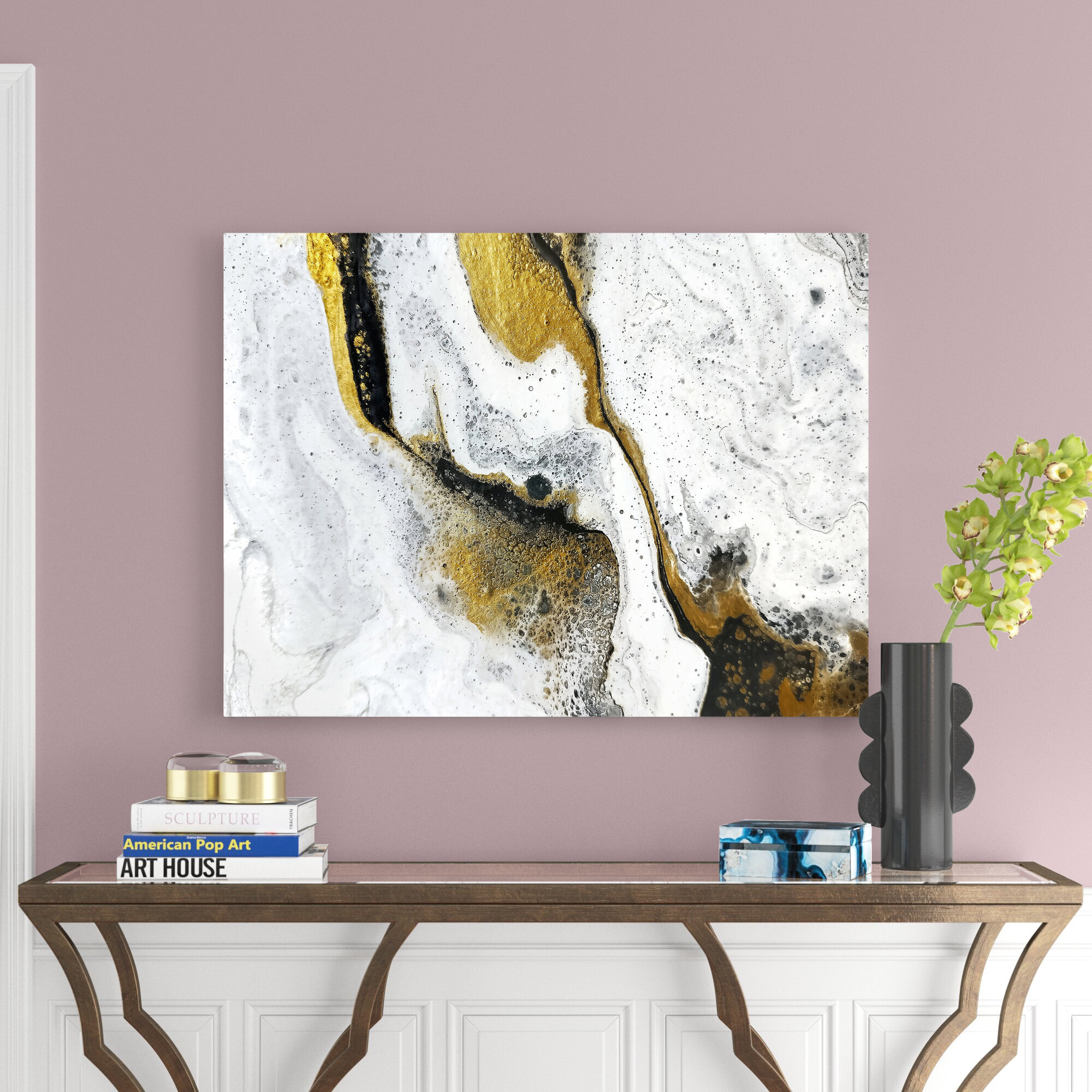 Etta Avenue Gold and Black on White Acrylic Marble Painting