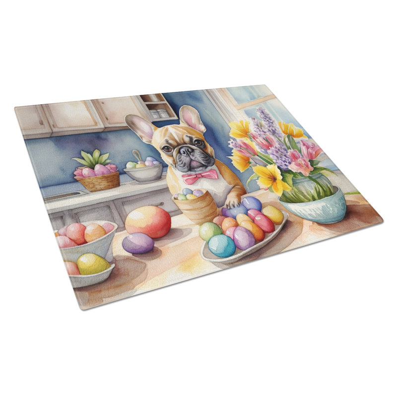 Planche à découper en verre avec décoration de bouledogue français de Pâques