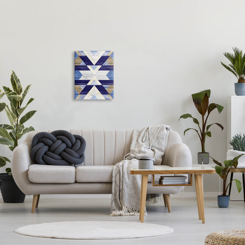 Blue and Beige Abstract Aztec Pattern Canvas Wall Art